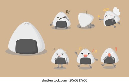 Japanese rice ball cartoon characters in various posing and emotional such as confuse, dizzy, collap, angel, sleep, sing, shock. Vector rice ball character or mascot in different pose and activities