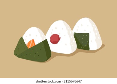 Japanese rice ball filled with salmon, pickled plum and wrapped with dried seaweed sheet on light brown background. Onigiri. Japanese food. Flat vector illustration.