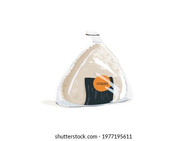 Japanese rice ball or Onigiri, omusubi, nigirimeshi in plastic package like anime food style. Isolated Onigiri on white background. Asian food close up drawing vector illustration. 