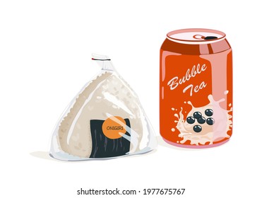 Japanese rice ball or Onigiri, omusubi, nigirimeshi in plastic package and Bubble tea can like anime food style . Isolated Onigiri on white background. Asian food close up drawing vector illustration.