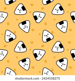 Japanese rice balls cartoon so cute. On heart yellow background. Pattern seamless vector illustration. 