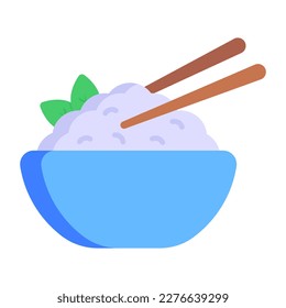 Japanese rice in a bowl with chopsticks, flat icon
