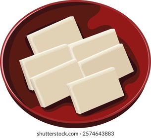 Japanese Rice Cake or Mochi Block Slices on Plate Illustration Isolated on White Background