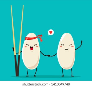 Japanese rice with chopsticks in a kawai cartoon style. Japanese traditional cuisine. Vector isolate on turquoise background.