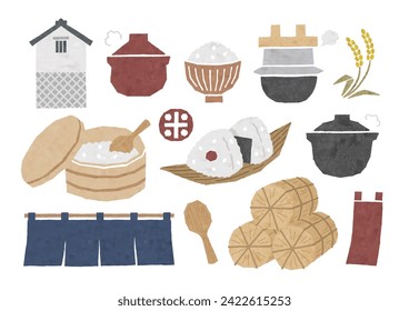 Japanese rice and rice cooker icons watercolor