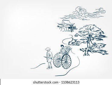 japanese rickshaw card chinese vector sketch design background hand drawn ink