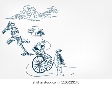 japanese rickshaw card chinese vector sketch design background hand drawn ink