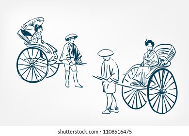 japanese rickshaw traditional sketch vector illustration ink design elements