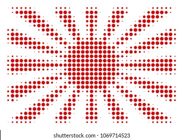 Japanese Rising Sun halftone vector pictogram. Illustration style is dotted iconic Japanese Rising Sun icon symbol on a white background. Halftone texture is round dots.