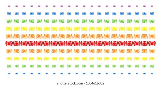 Japanese Rising Sun icon spectral halftone pattern. Vector symbols organized into halftone matrix with vertical rainbow colors gradient. Constructed for backgrounds, covers,