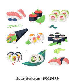 Japanese roll, collection set. Vector flat illustrations, background. Japanese restaurant food, nigiri, maki, temaki, roll, salmon, avocado, edamame beans, wasabi