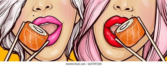 Japanese Roll In Open Woman Mouth Close Up View, Sexy Female Pink And Red Lips Eating Sushi In Chopsticks. Asian Cuisine, Fast Food Restaurant Advertising. Pop Art Retro Comic Book Vector Illustration