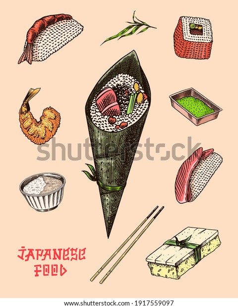 Japanese roll poster. Sushi bar, ramen\
noodles, soup in a bowl and dessert, Asian tea. Soy sauce. Hand\
holds chopsticks. Drawn engraved food sketch for menu. Monochrome\
style. Vector\
illustration