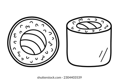 Japanese roll with tuna. Maguro maki. Top and side view. Doodle sketch style. Vector illustration isolated on white background.