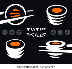 Japanese rolls dish icon set, cold sushi cooked rice with raw red fish garnish. Sushi and rolls bar stylized vector logo template.