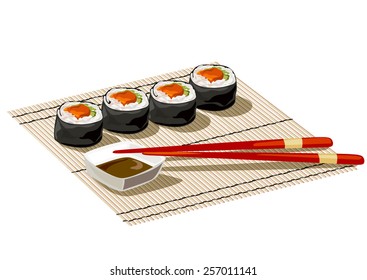 Japanese rolls on a bamboo mat. vector illustration