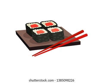 Japanese rolls on the board with chopsticks. Vector illustration.