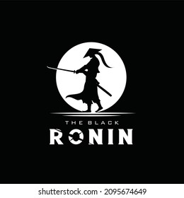 Japanese ronin silhouette with moon, swordsman wearing traditional hat, fighter community vintage logo design
