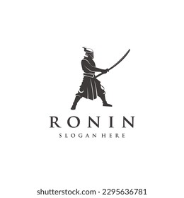 Japanese ronin silhouette, swordsman wearing traditional mask helmet fighter logo design