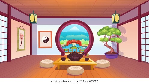 japanese room with a big round door overlooking the garden, cups and teapot on table, garden view, fan, bonsai. Japanese tea ceremony.  Beautiful Japanese nature, red bridge, lake with water lilies.