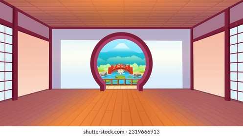 japanese room with a big round door overlooking the garden, Beautiful Japanese nature, red bridge, lake with water lilies.