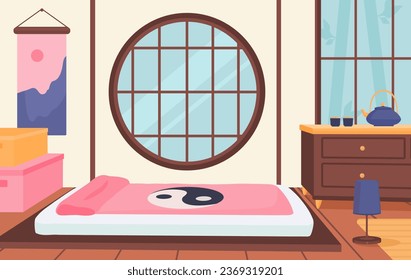 Japanese room interior concept. Bed with fluffy pink and white blanket. Poster at wall, table with lamp and teapot. Graphic element for website. Cartoon flat vector illustration