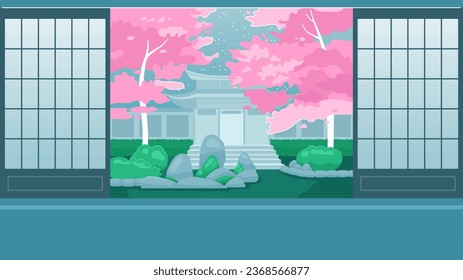 Japanese room interior cute kawaii lo fi background. Sakura garden 2D vector cartoon interior illustration, lofi aesthetic wallpaper desktop. Japanese anime scenery, dreamy vibes