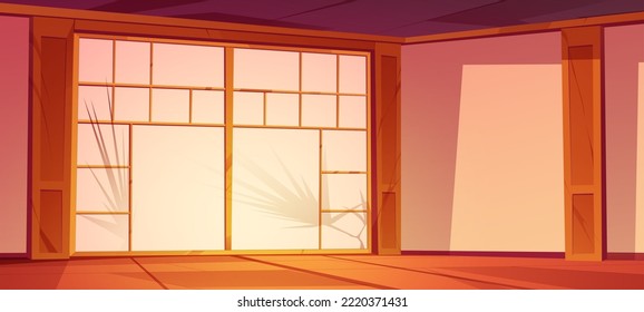 Interior japonés, casa japonesa o dojo en estilo asiático tradicional con puerta de bambú y suelo de madera. Lugar de vida o entrenamiento oriental vacío. Fondo de dibujos animados para juego, ilustración vectorial