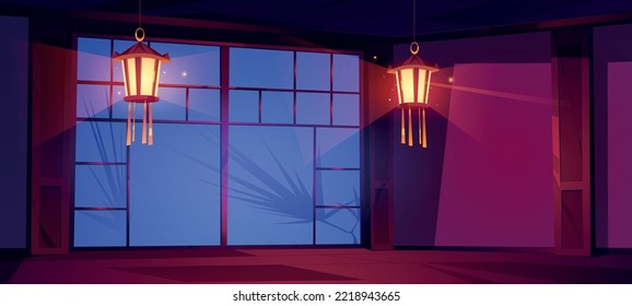 Interior de noche en habitación japonesa, hogar japonés o dojo en estilo asiático tradicional con linternas brillantes, sombra de árbol en la puerta de bambú y suelo de madera. Lugar de vida oriental oscuro, ilustración vectorial de dibujos animados