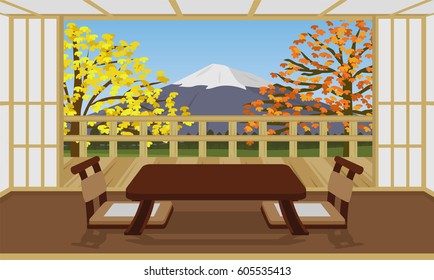 japanese room style hotel interior vector , with fuji mountain in autumn season background view