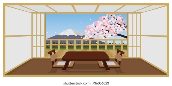 japanese room style hotel interior vector , with sakura cherry blossom tree and fuji mountain in background view