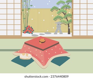 Japanese room in winter. Japanese home and garden.