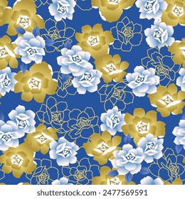 Japanese Rose Bloom Vector Seamless Pattern