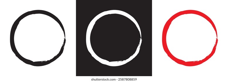 Japanese round brushstrokes icon.  Chinese black, white and red zen calligraphy elements. Abstract Buddhist border collection.  isolated on white and black background. Vector illustration. EPS 10