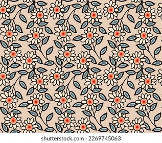 Japanese Round Flower Leaf Branch Vector Seamless Pattern