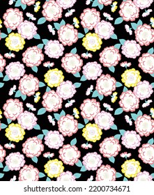 Japanese Round Flower Leaf Vector Seamless Pattern