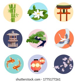 Japanese round icons set. Illustration in a flat style, circles with bamboo, lotus, tsuru, bonsai, torii and koi carps.