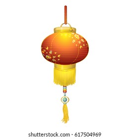 Japanese round paper lantern, red with a pattern of flowers. Pendant with gold fringe and beads. National traditional Japanese souvenirs, symbols, amulets, accessories and design. Vector illustration.