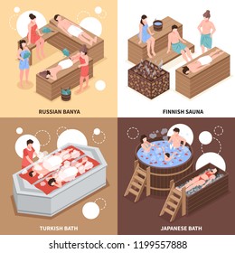 Japanese russian and turkish bath houses and finnish sauna isometric design concept isolated vector illustration