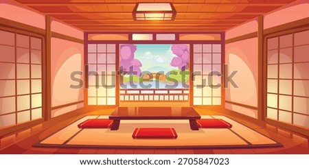 Japanese ryokan room interior vector background with wooden panels, sliding shoji doors and tatami, vector background. Cartoon floor table and red cushions in the center of ryokan room, asian interior