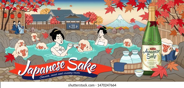 Japanese sake ads in ukiyo-e style with women and cute monkey enjoying outdoor hot spring, beautiful maple scenery