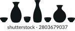 Japanese sake bottle and cup icon collection in silhouette style