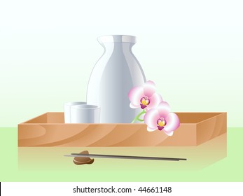  Japanese  sake set with two cups, bottle and flowers on a wooden tray