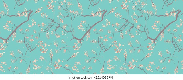 Japanese sakura bloom. Cherry blossom seamless pattern. Elegant vector floral texture. Abstract ornament with pink cherry flowers, grey twigs on blue background. For textile or fabric