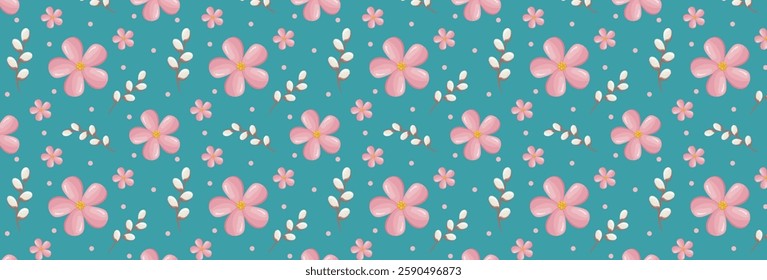 Japanese sakura bloom. Cherry blossom seamless pattern. Elegant vector floral texture. Abstract ornament with pink cherry flowers, grey twigs on blue background. For textile or fabric