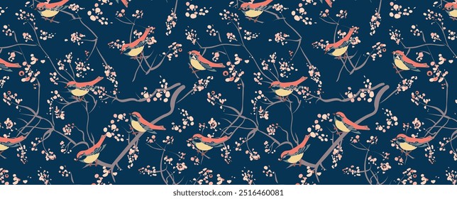 Japanese sakura bloom and cute little birds seat on twigs. Cherry blossom and birds seamless pattern. Vector floral Abstract ornament with pink cherry flowers, branches on dark background.