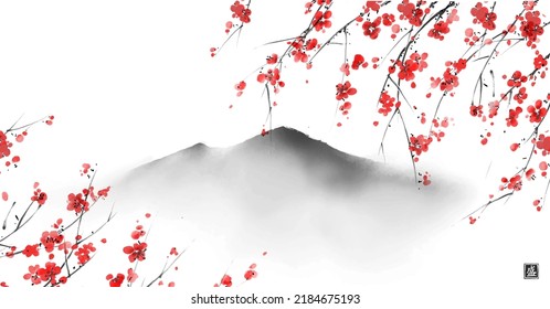 Japanese sakura blossom and far misty mountains. Traditional oriental ink painting sumi-e, u-sin, go-hua. Translation of hieroglyph - blossom.