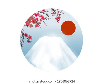 Japanese sakura blossom, red sun and Fujiyama mountain in circle. Traditional Japanese ink wash painting sumi-e