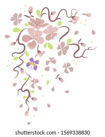 Japanese sakura branch with flowers with flying petals and a butterfly. Digital illustration