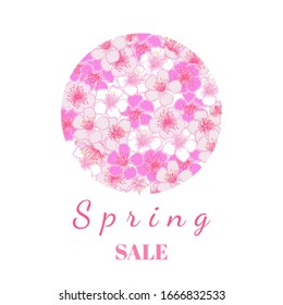 Japanese sakura circle spring frame. Cherry blossom pink oriental background